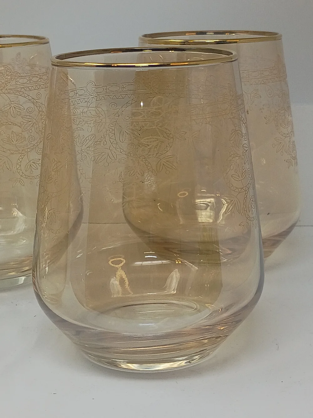 Set of 4 Libbey Vintage Amber Etched Glass Tumblers with Gold Rim